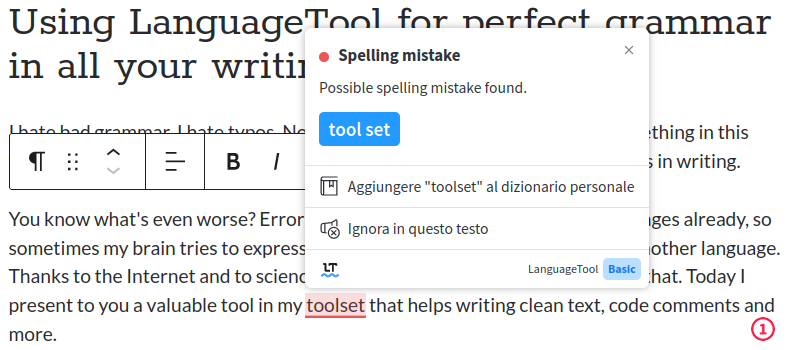 Screenshot of a text field where the blog post is written. The browser extension shows a popup that a "possible spelling mistake" was found. The wrong word is underlined in red.