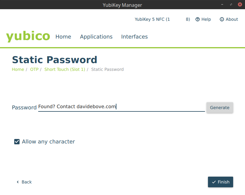 Screenshot of YubiKey Manager with the static password feature. The entered password is: "Found? Contact davidebove.com". 