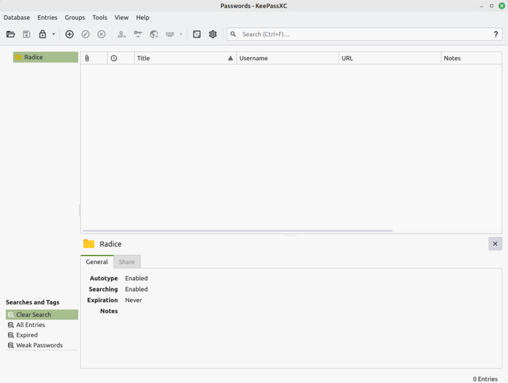 An open database in KeepassXC. There are no entries in the list.