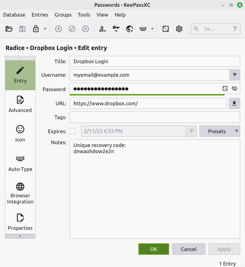 The edit screen, filled with some example data. The entry is for Dropbox, so it contains a username, the url to Dropbox and a password, which is represented by black dots.