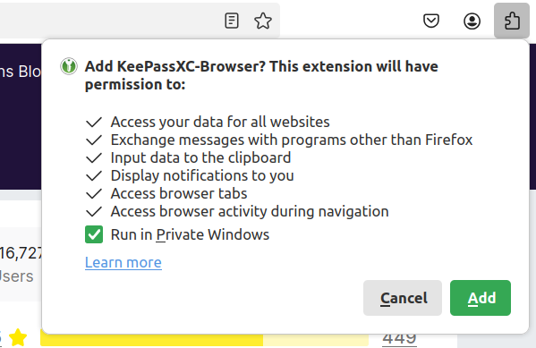 Popup in Firefox that appears when installing the extension. The popup shows all permissions of the extension.