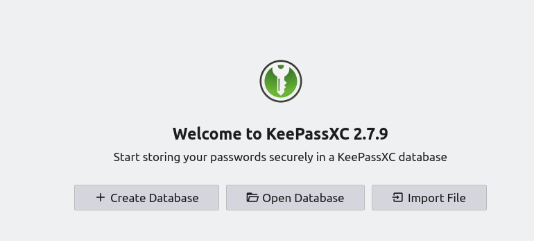 The welcome dialog of KeepassXC. There are three buttons for creating and opening a database, and for importing a file.