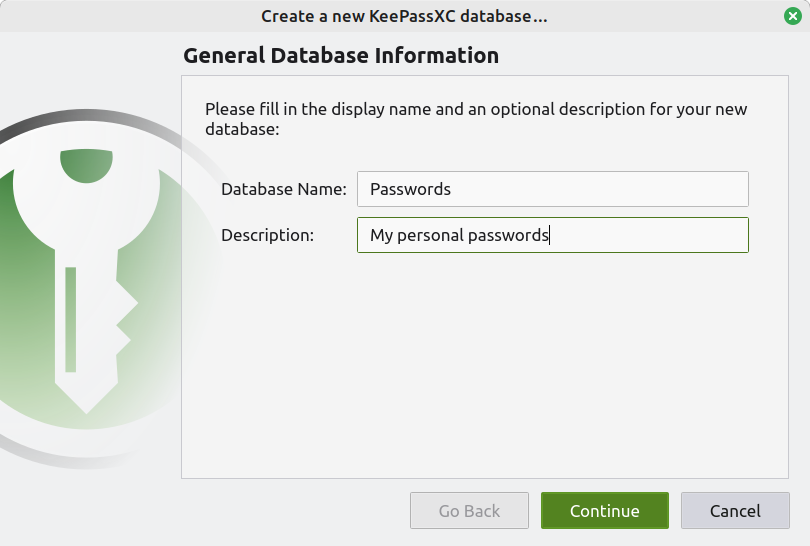 The dialog to create a new KeepassXC database. The selected name is "Passwords" and the description says "My personal passwords".