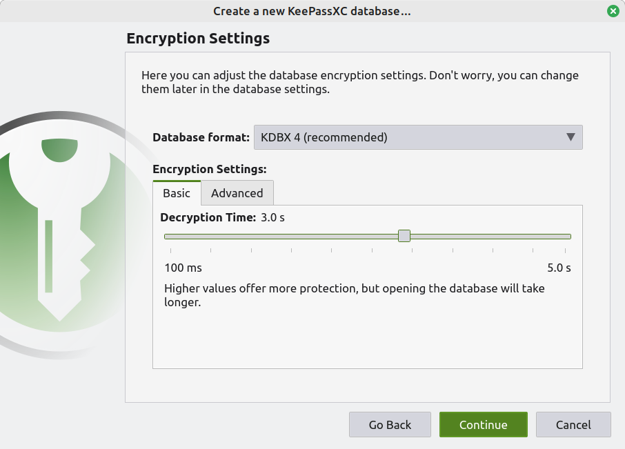 The next dialog in the database creation process. Here it says "Encryption settings". The slider for "Decryption Time" is set to 3 seconds.