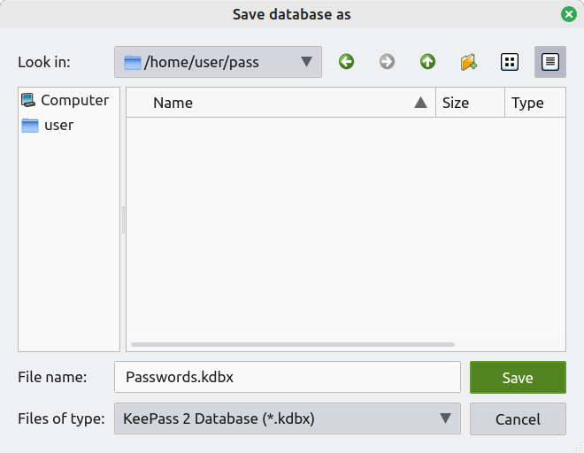 The file dialog which allows selecting the folder where to save the database.