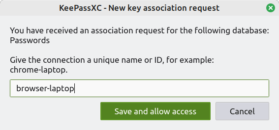 Popup dialog "new key association request". The dialog asks for a name for the connection between browser and KeepassXC.